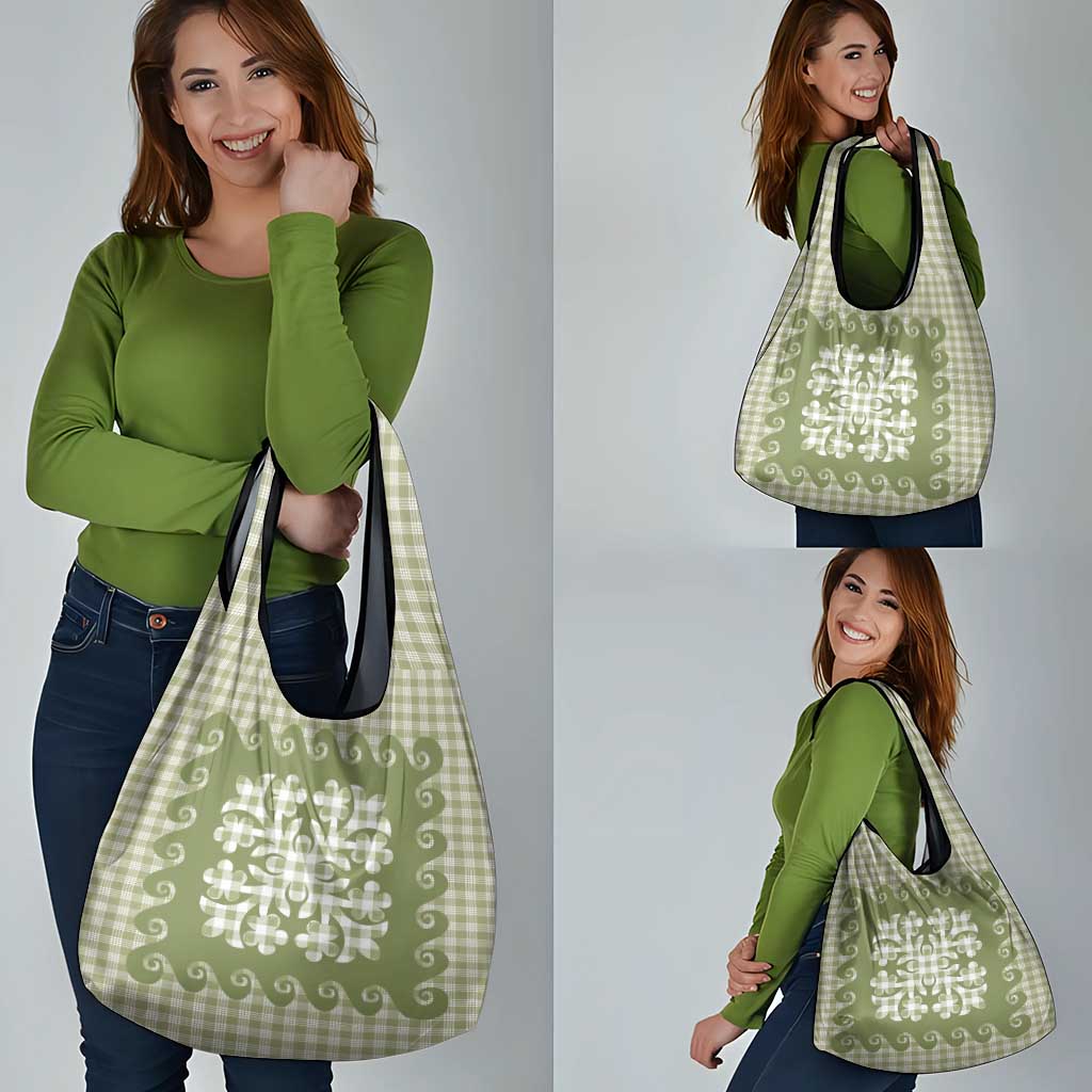 Green Ulu Palaka Quilt Pattern Grocery Bag Hawaii Culture Breadfruit - Polynesian Pride