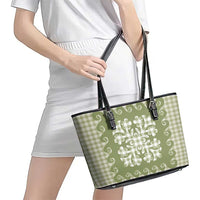 Green Ulu Palaka Quilt Pattern Leather Tote Bag Hawaii Culture Breadfruit - Polynesian Pride