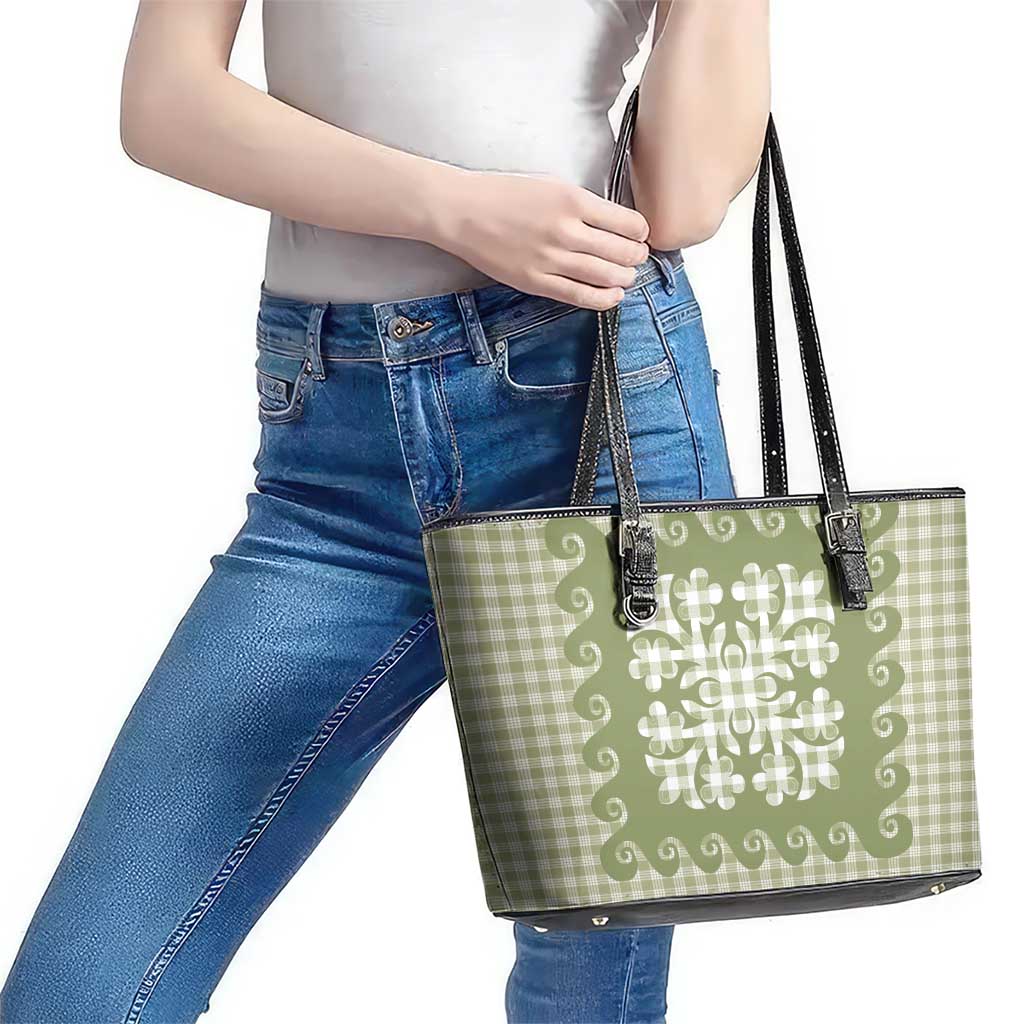 Green Ulu Palaka Quilt Pattern Leather Tote Bag Hawaii Culture Breadfruit - Polynesian Pride