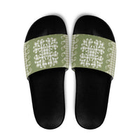 Green Ulu Palaka Quilt Pattern Slide Sandals Hawaii Culture Breadfruit - Polynesian Pride