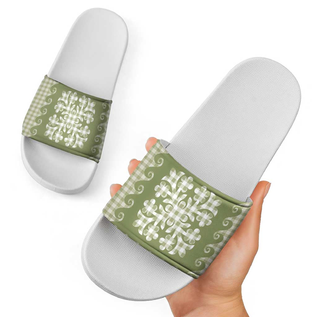 Green Ulu Palaka Quilt Pattern Slide Sandals Hawaii Culture Breadfruit - Polynesian Pride