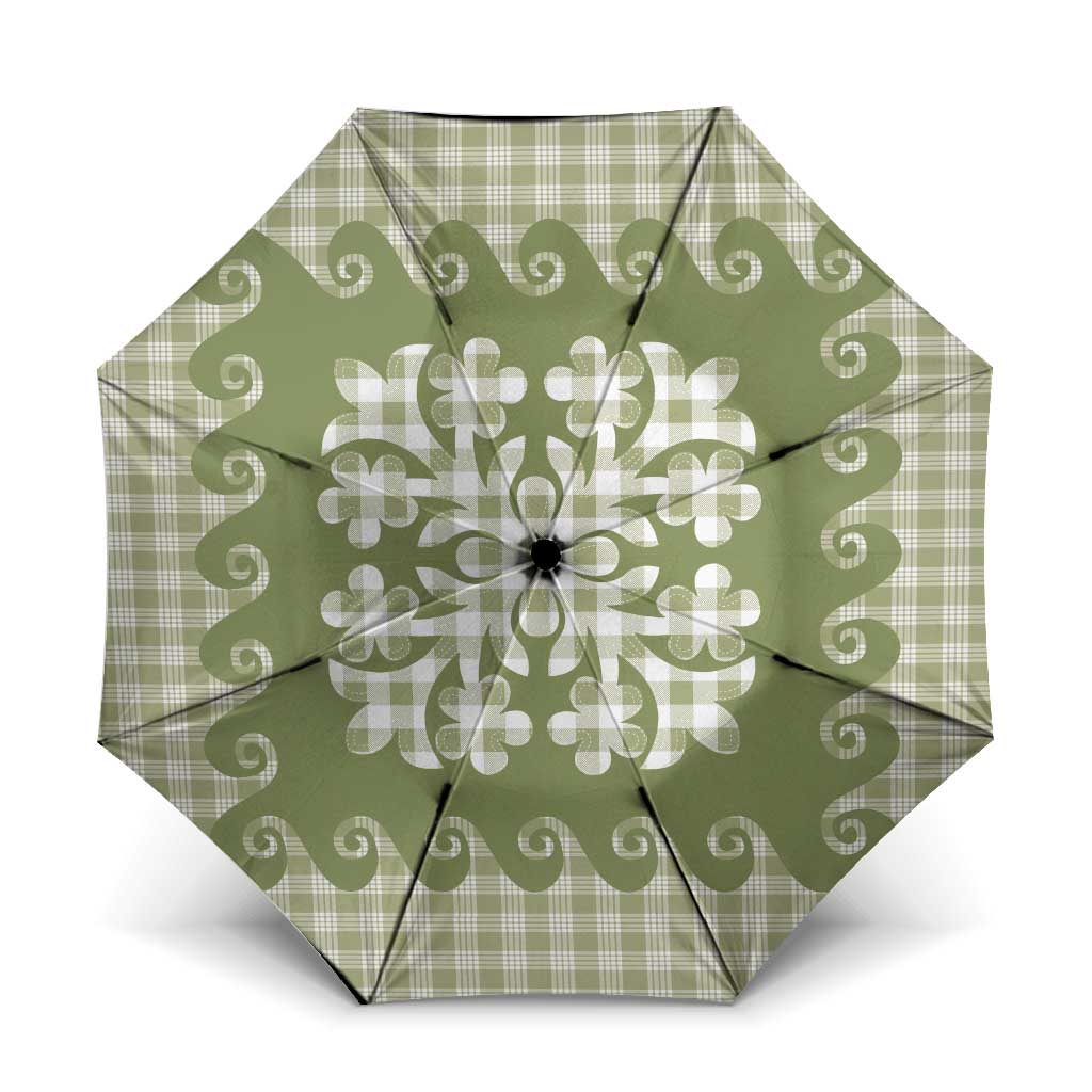 Green Ulu Palaka Quilt Pattern Umbrella Hawaii Culture Breadfruit LT9 One Size Folded 11.42 inch Opened Diameter 37.4 inch Green - Polynesian Pride