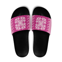 Pink Ulu Palaka Quilt Pattern Slide Sandals Hawaii Culture Breadfruit - Polynesian Pride
