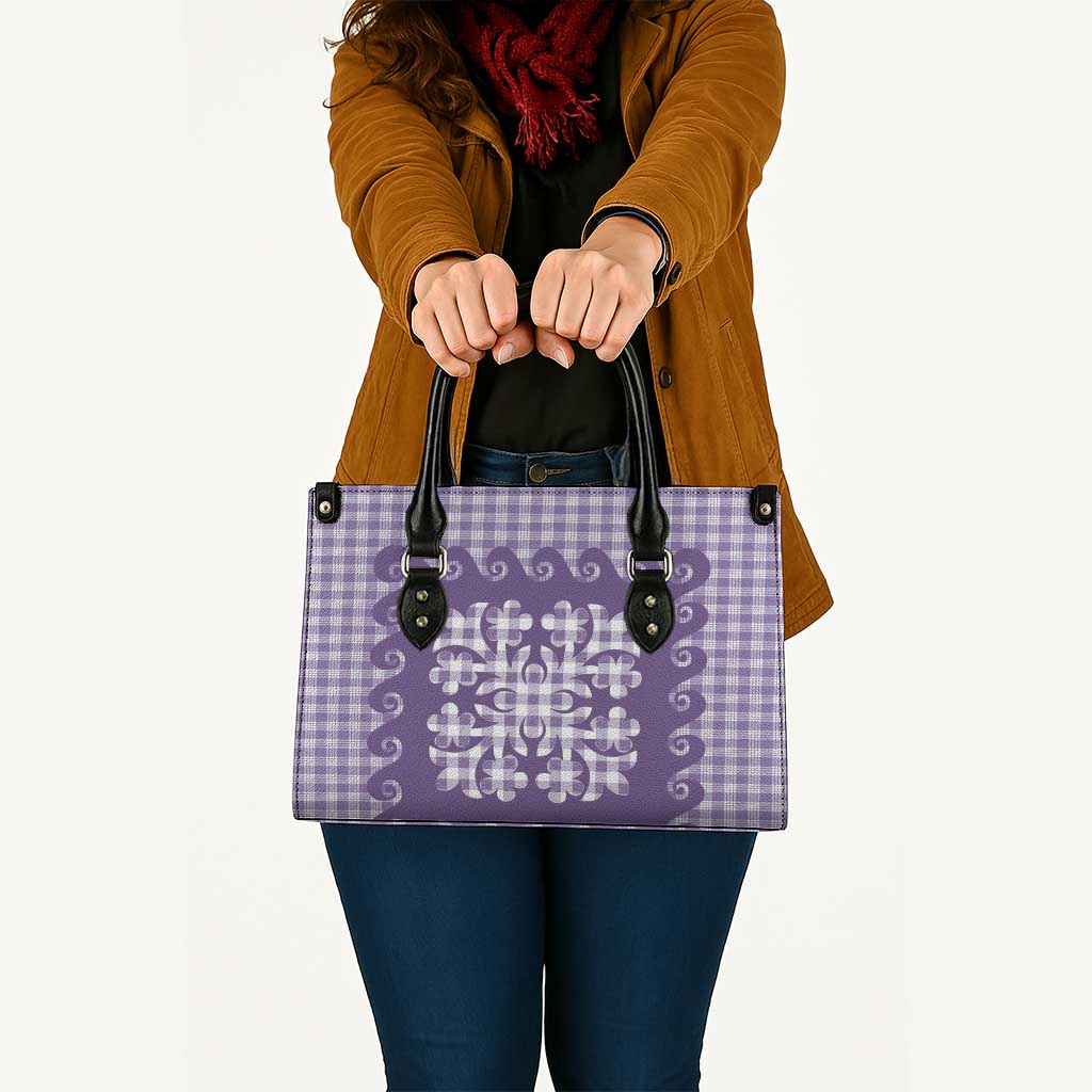 Purple Ulu Palaka Quilt Pattern Leather Bag Hawaii Culture Breadfruit - Polynesian Pride