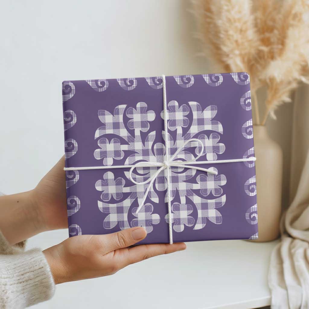 Purple Ulu Palaka Quilt Pattern Wrapping Paper Hawaii Culture Breadfruit - Polynesian Pride