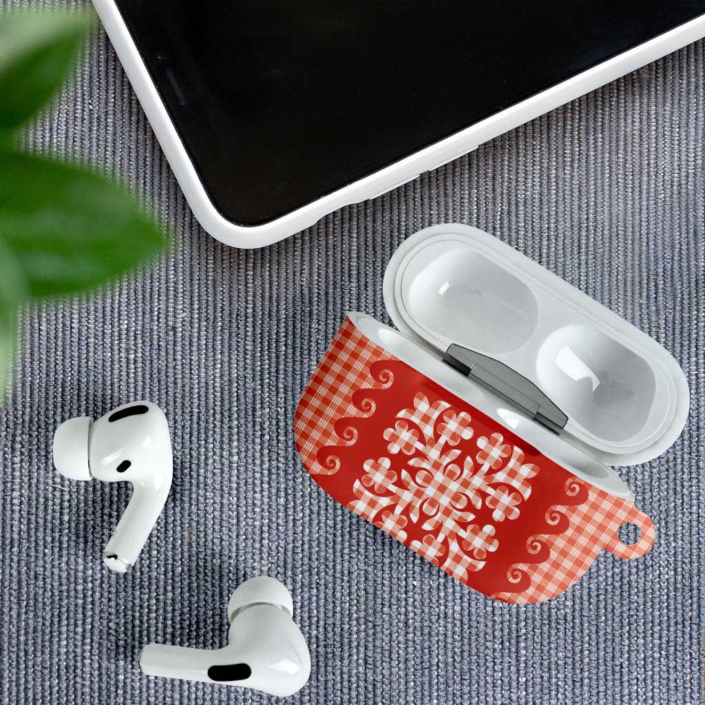 Red Ulu Palaka Quilt Pattern AirPods Case Hawaii Culture Breadfruit - Polynesian Pride