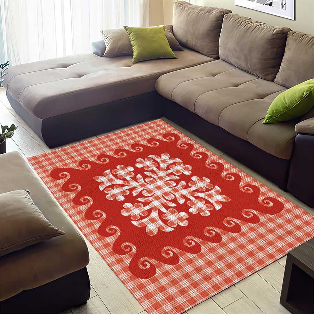 Red Ulu Palaka Quilt Pattern Area Rug Hawaii Culture Breadfruit - Polynesian Pride