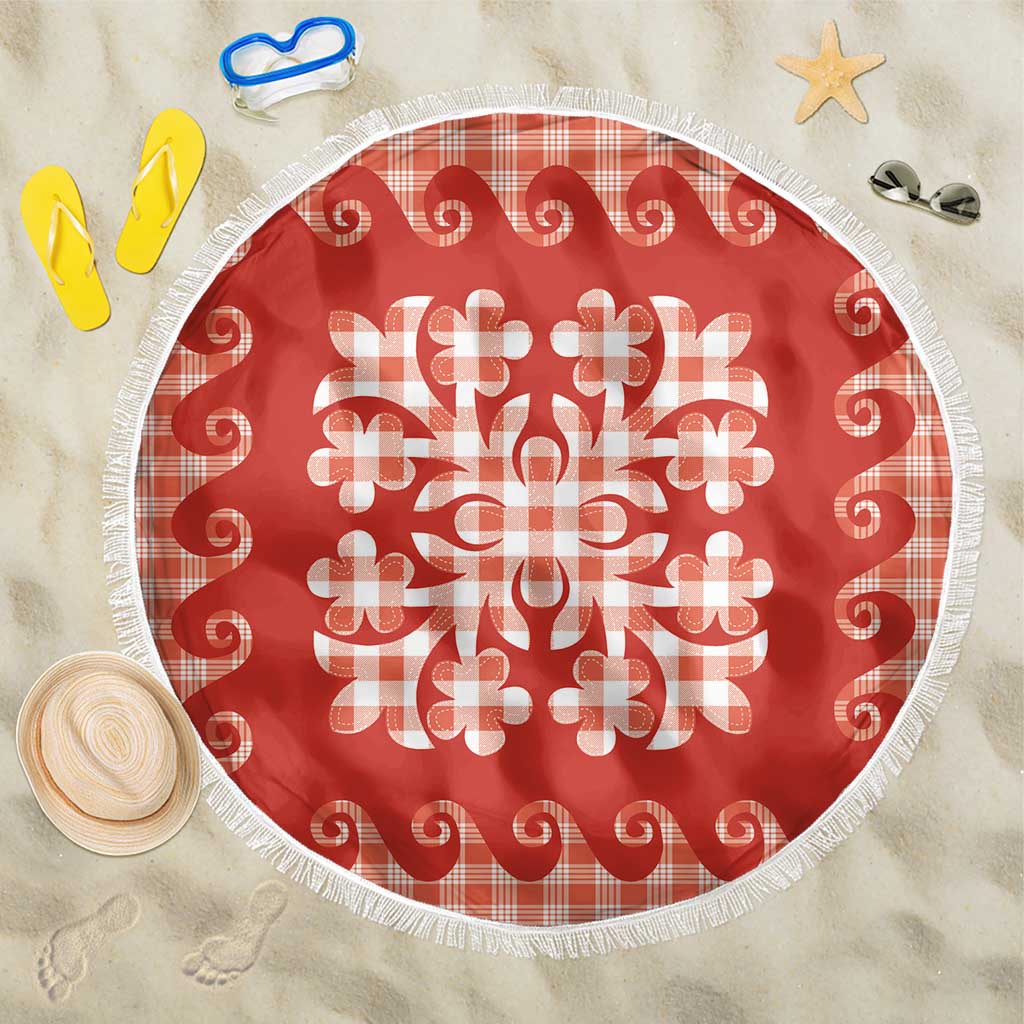 Red Ulu Palaka Quilt Pattern Beach Blanket Hawaii Culture Breadfruit - Polynesian Pride