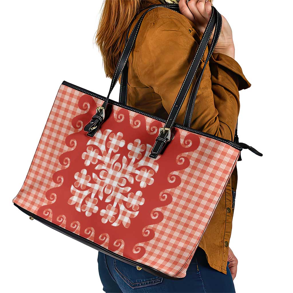 Red Ulu Palaka Quilt Pattern Leather Tote Bag Hawaii Culture Breadfruit - Polynesian Pride