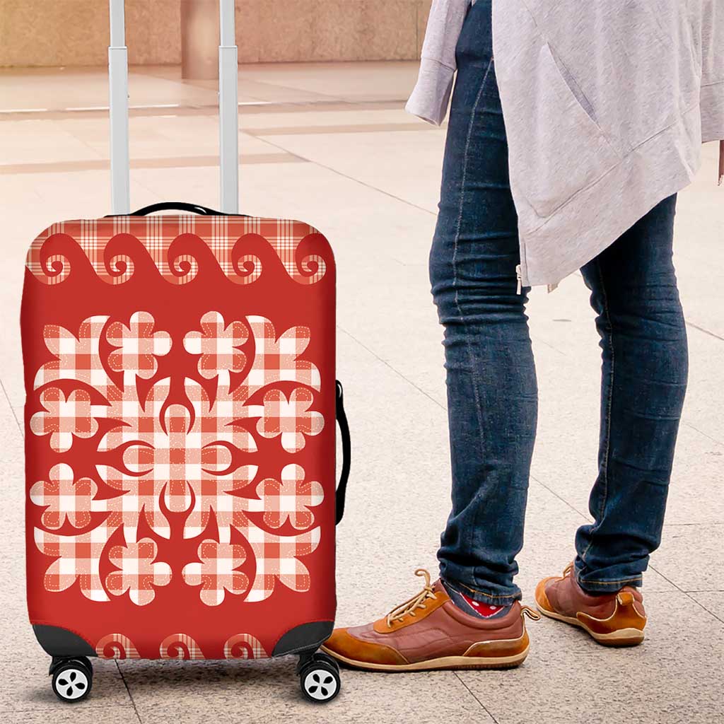 Red Ulu Palaka Quilt Pattern Luggage Cover Hawaii Culture Breadfruit - Polynesian Pride