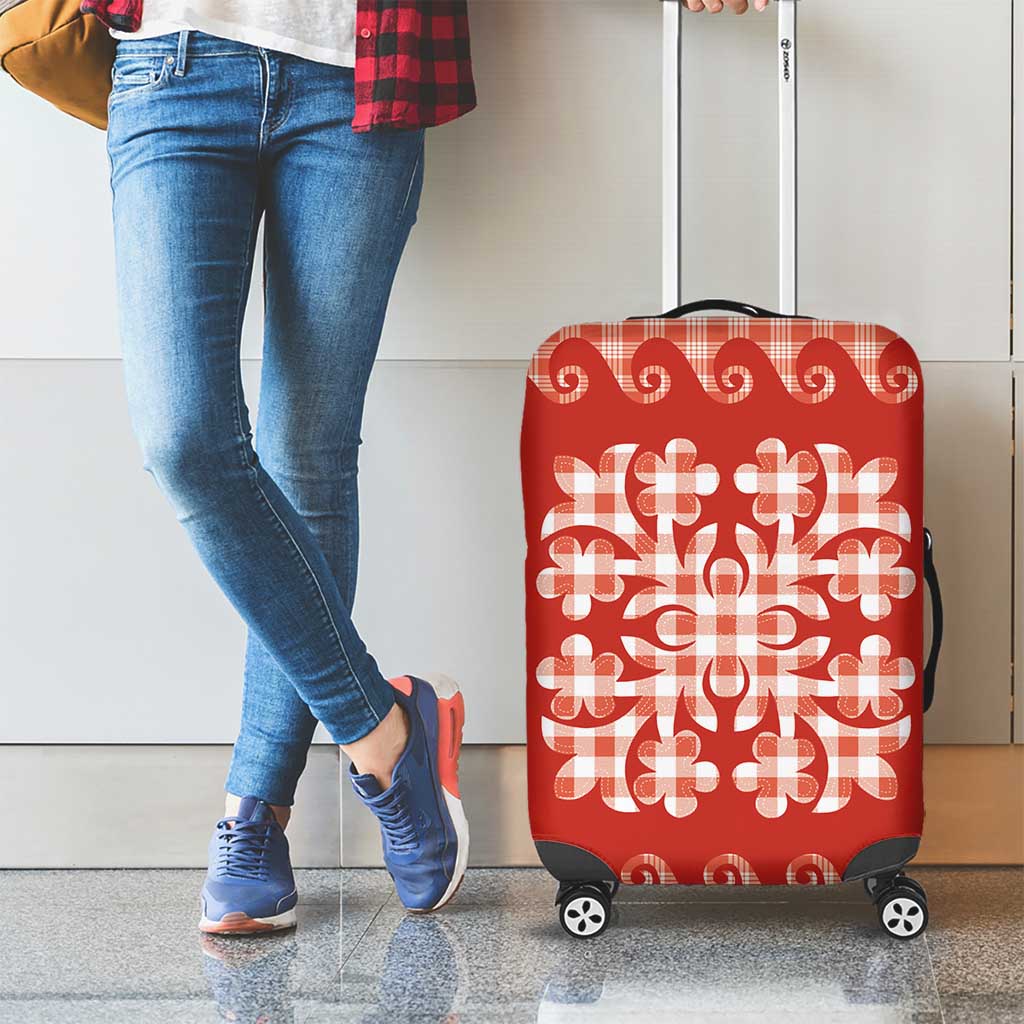 Red Ulu Palaka Quilt Pattern Luggage Cover Hawaii Culture Breadfruit - Polynesian Pride