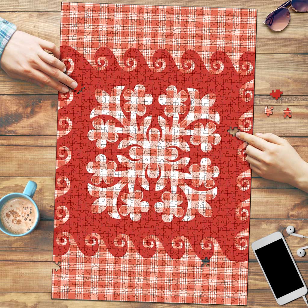 Red Ulu Palaka Quilt Pattern Puzzle Hawaii Culture Breadfruit - Polynesian Pride