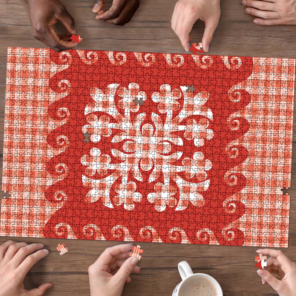 Red Ulu Palaka Quilt Pattern Puzzle Hawaii Culture Breadfruit - Polynesian Pride
