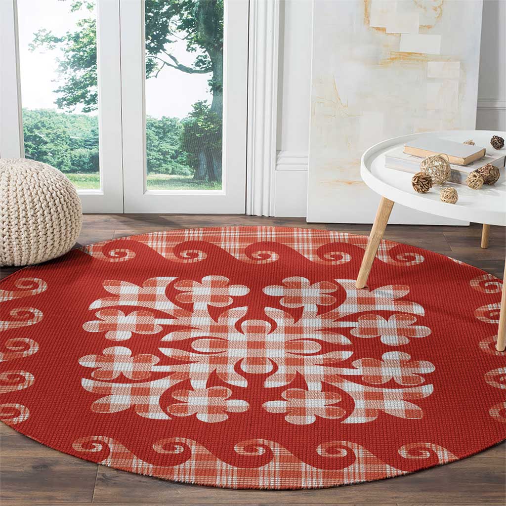 Red Ulu Palaka Quilt Pattern Round Carpet Hawaii Culture Breadfruit - Polynesian Pride
