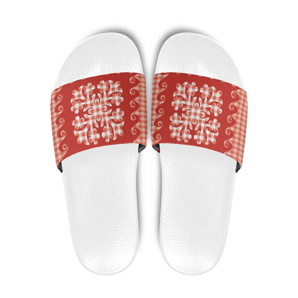 Red Ulu Palaka Quilt Pattern Slide Sandals Hawaii Culture Breadfruit LT9 Red - Polynesian Pride