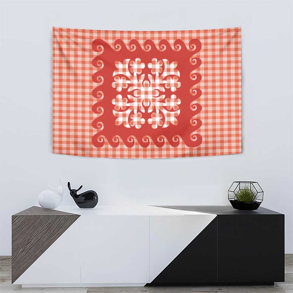 Red Ulu Palaka Quilt Pattern Tapestry Hawaii Culture Breadfruit - Polynesian Pride