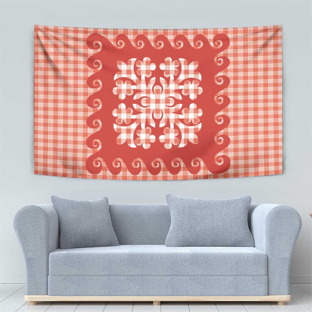 Red Ulu Palaka Quilt Pattern Tapestry Hawaii Culture Breadfruit - Polynesian Pride