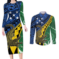 Personalised Crocodile and Shark Solomon Islands Couples Matching Long Sleeve Bodycon Dress and Long Sleeve Button Shirt Polynesian Tribal Tattoo LT9 Green - Polynesian Pride