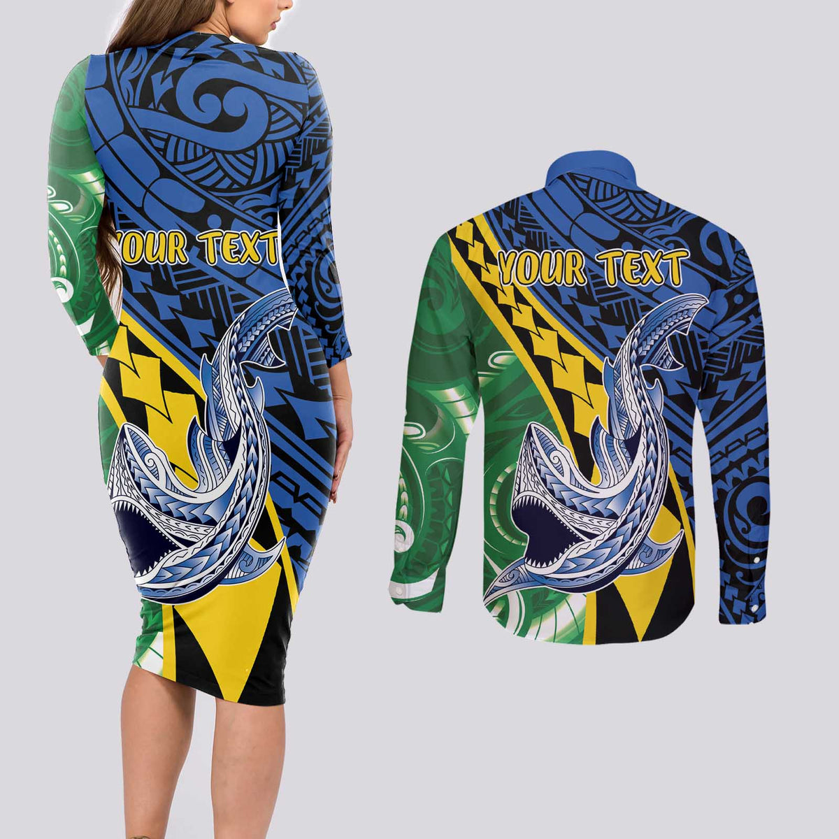 Personalised Crocodile and Shark Solomon Islands Couples Matching Long Sleeve Bodycon Dress and Long Sleeve Button Shirt Polynesian Tribal Tattoo LT9 - Polynesian Pride