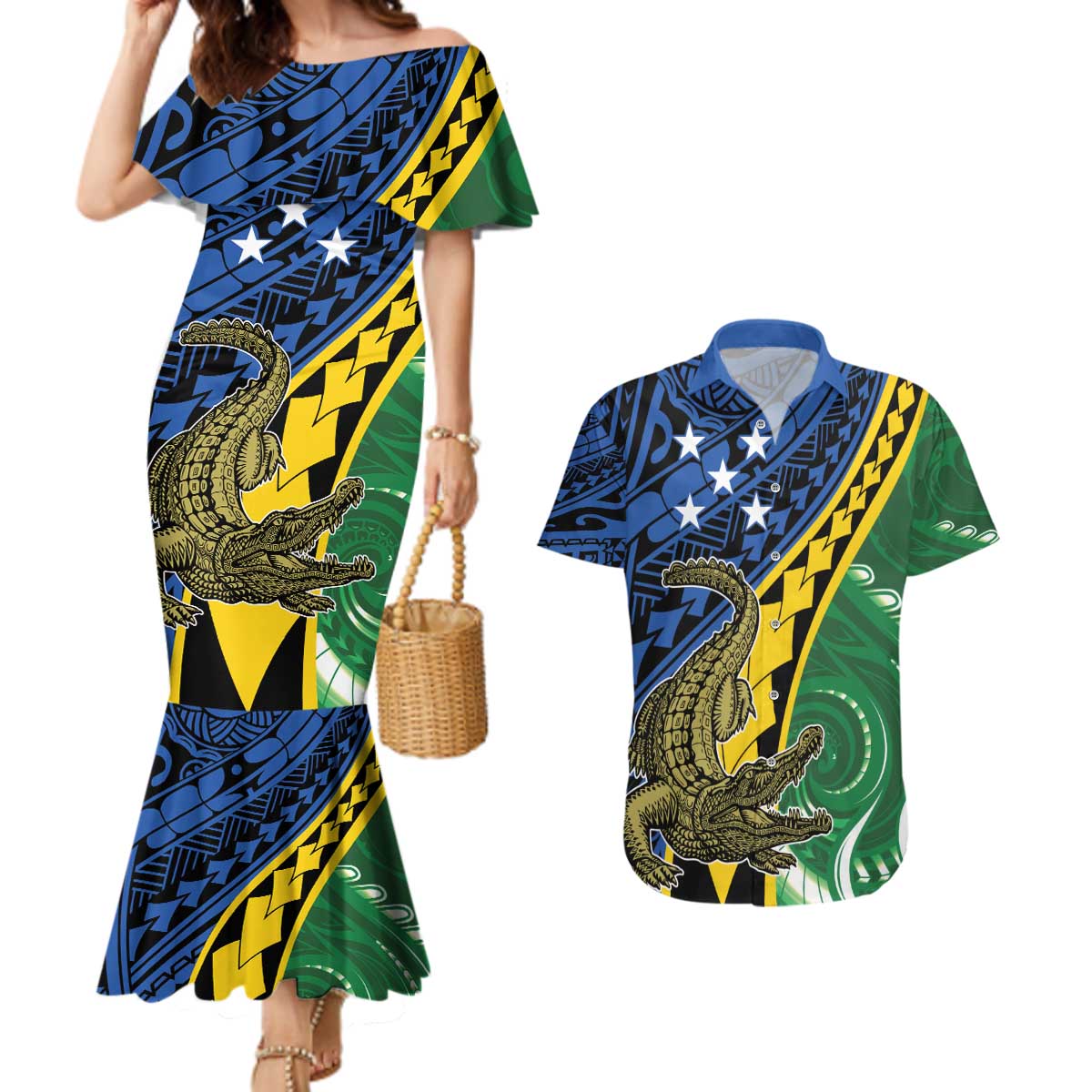 Personalised Crocodile and Shark Solomon Islands Couples Matching Mermaid Dress and Hawaiian Shirt Polynesian Tribal Tattoo LT9 Green - Polynesian Pride