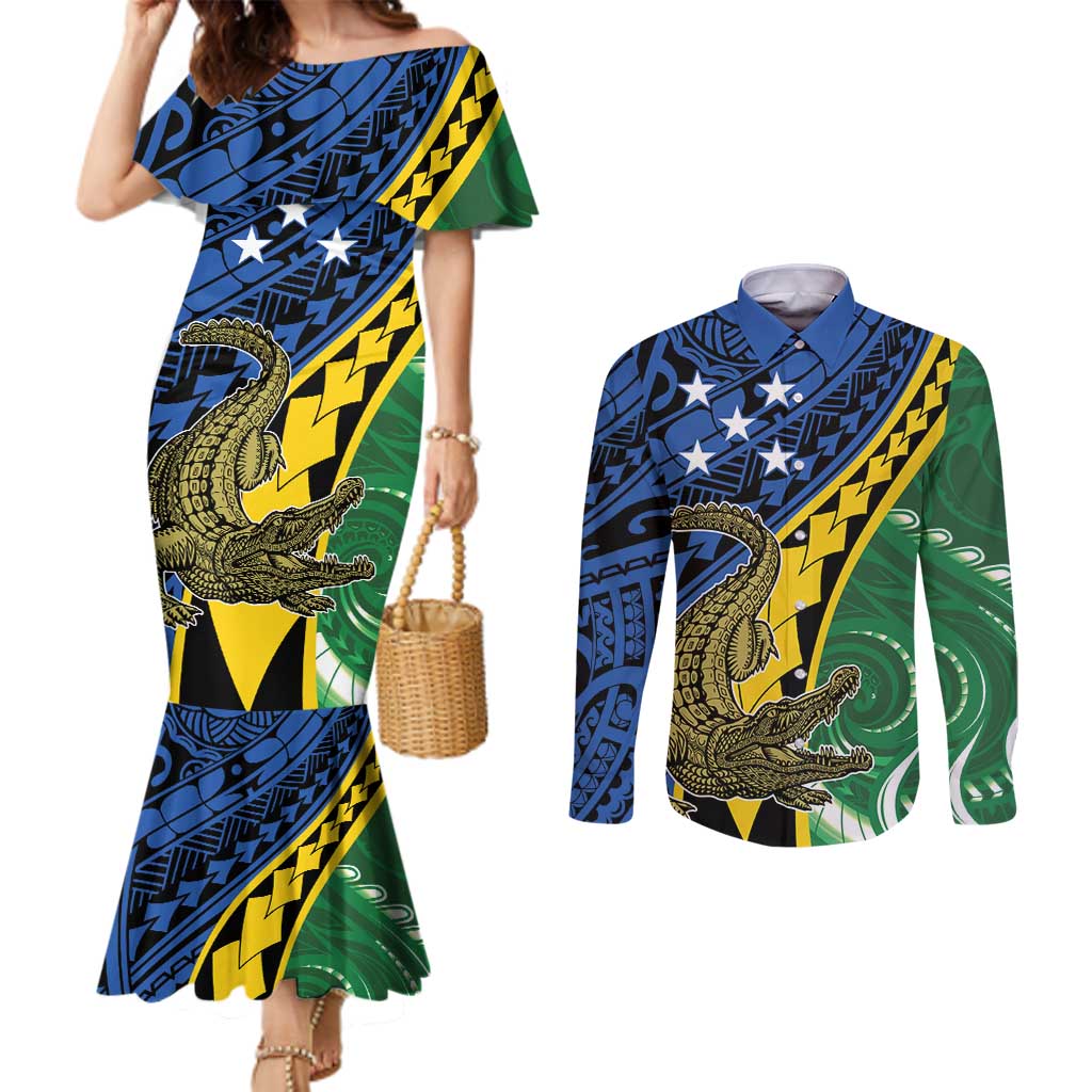 Personalised Crocodile and Shark Solomon Islands Couples Matching Mermaid Dress and Long Sleeve Button Shirt Polynesian Tribal Tattoo LT9 Green - Polynesian Pride