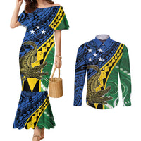 Personalised Crocodile and Shark Solomon Islands Couples Matching Mermaid Dress and Long Sleeve Button Shirt Polynesian Tribal Tattoo LT9 Green - Polynesian Pride