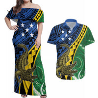 Personalised Crocodile and Shark Solomon Islands Couples Matching Off Shoulder Maxi Dress and Hawaiian Shirt Polynesian Tribal Tattoo LT9 Green - Polynesian Pride