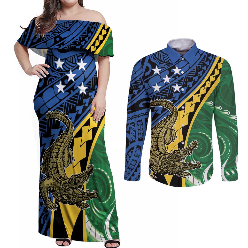 Personalised Crocodile and Shark Solomon Islands Couples Matching Off Shoulder Maxi Dress and Long Sleeve Button Shirt Polynesian Tribal Tattoo LT9 Green - Polynesian Pride