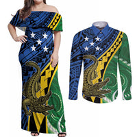 Personalised Crocodile and Shark Solomon Islands Couples Matching Off Shoulder Maxi Dress and Long Sleeve Button Shirt Polynesian Tribal Tattoo LT9 Green - Polynesian Pride