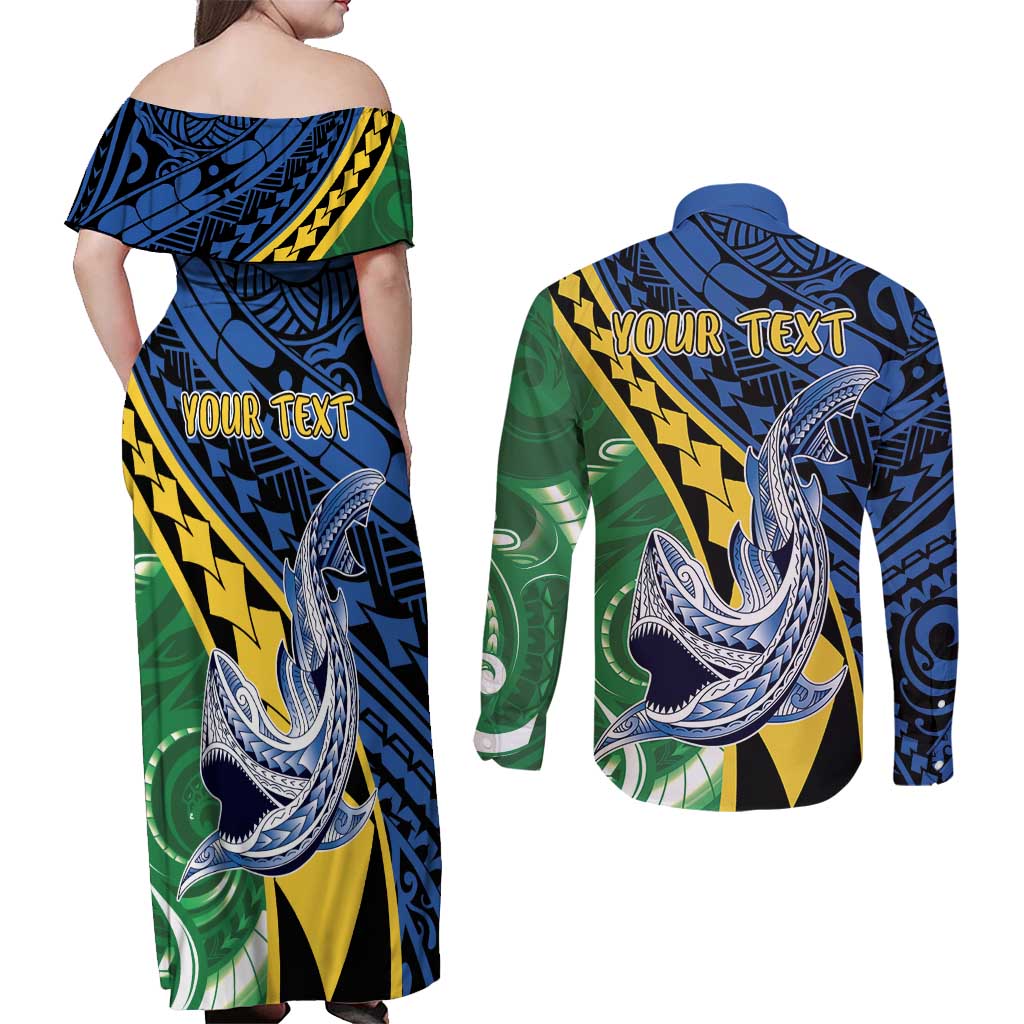Personalised Crocodile and Shark Solomon Islands Couples Matching Off Shoulder Maxi Dress and Long Sleeve Button Shirt Polynesian Tribal Tattoo LT9 - Polynesian Pride