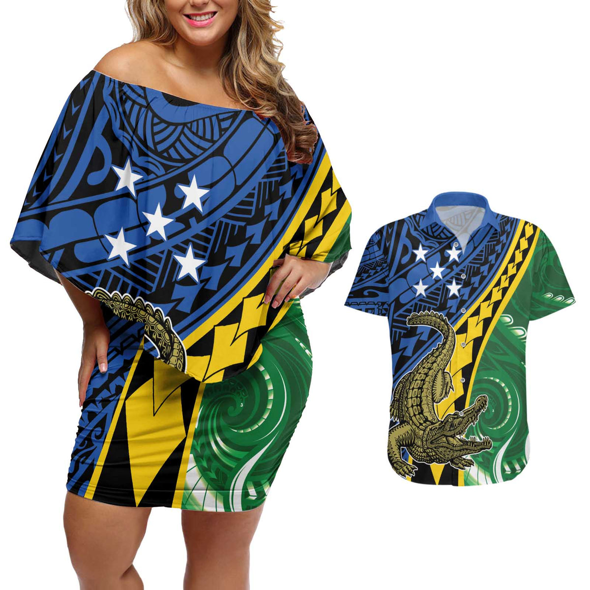 Personalised Crocodile and Shark Solomon Islands Couples Matching Off Shoulder Short Dress and Hawaiian Shirt Polynesian Tribal Tattoo LT9 Green - Polynesian Pride
