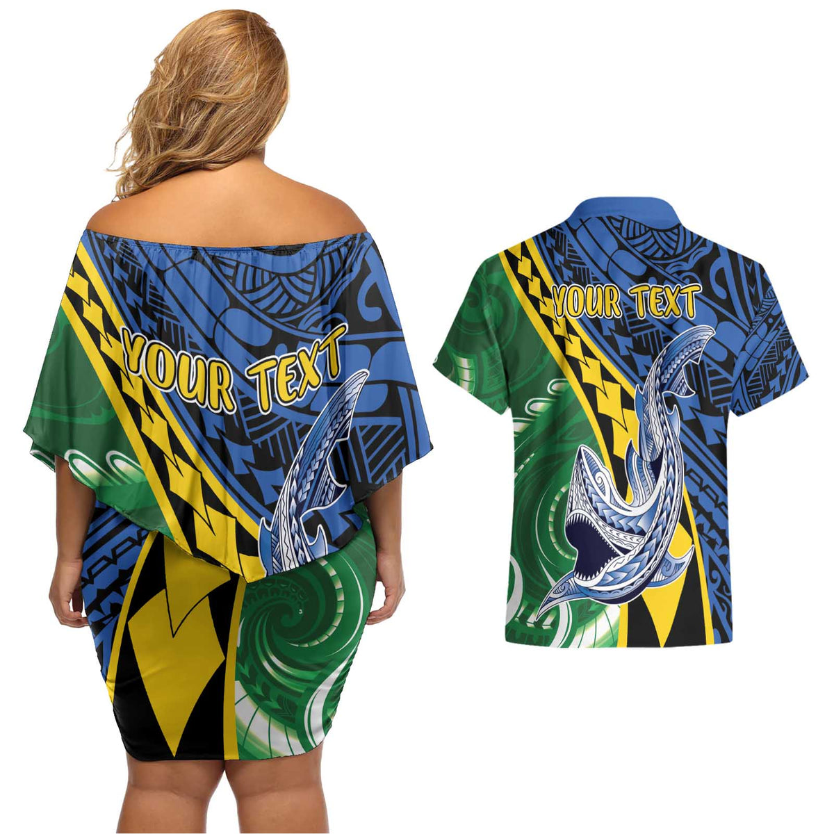 Personalised Crocodile and Shark Solomon Islands Couples Matching Off Shoulder Short Dress and Hawaiian Shirt Polynesian Tribal Tattoo LT9 - Polynesian Pride
