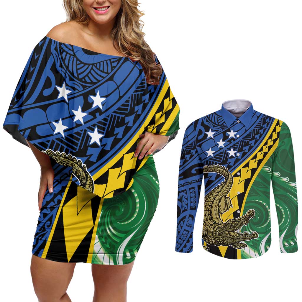 Personalised Crocodile and Shark Solomon Islands Couples Matching Off Shoulder Short Dress and Long Sleeve Button Shirt Polynesian Tribal Tattoo LT9 Green - Polynesian Pride