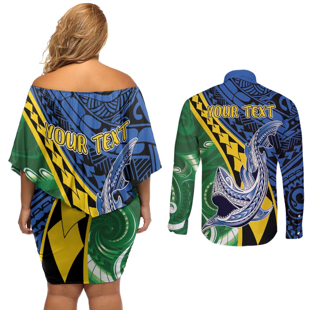 Personalised Crocodile and Shark Solomon Islands Couples Matching Off Shoulder Short Dress and Long Sleeve Button Shirt Polynesian Tribal Tattoo LT9 - Polynesian Pride