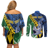 Personalised Crocodile and Shark Solomon Islands Couples Matching Off Shoulder Short Dress and Long Sleeve Button Shirt Polynesian Tribal Tattoo LT9 - Polynesian Pride