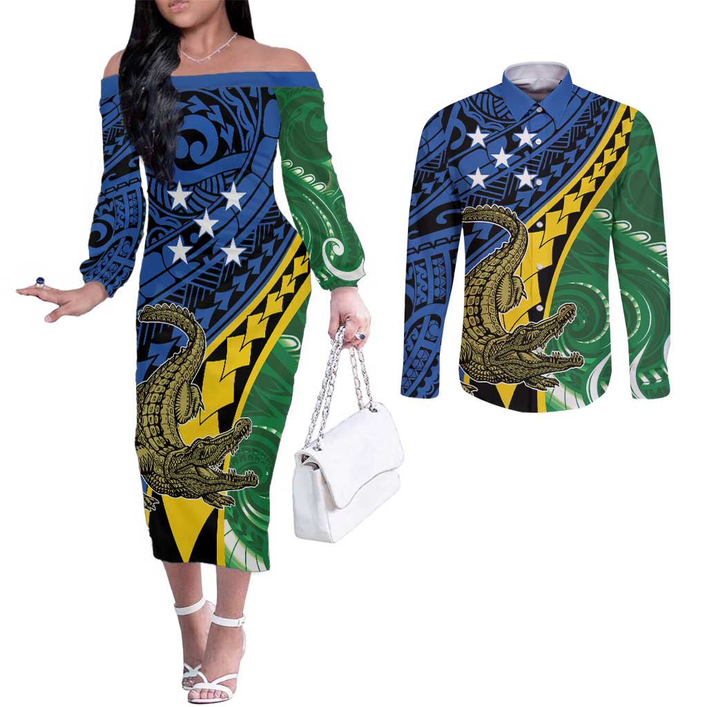 Personalised Crocodile and Shark Solomon Islands Couples Matching Off The Shoulder Long Sleeve Dress and Long Sleeve Button Shirt Polynesian Tribal Tattoo LT9 Green - Polynesian Pride