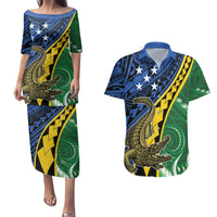 Personalised Crocodile and Shark Solomon Islands Couples Matching Puletasi and Hawaiian Shirt Polynesian Tribal Tattoo LT9 Green - Polynesian Pride
