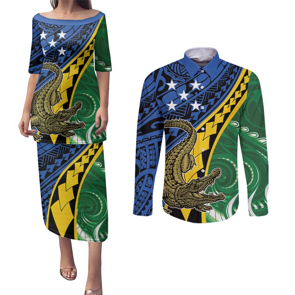 Personalised Crocodile and Shark Solomon Islands Couples Matching Puletasi and Long Sleeve Button Shirt Polynesian Tribal Tattoo LT9 Green - Polynesian Pride