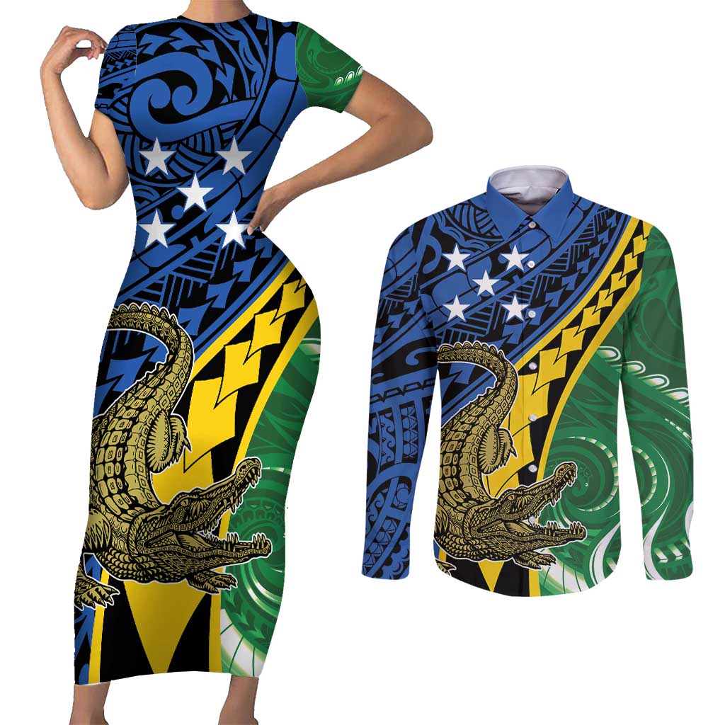 Personalised Crocodile and Shark Solomon Islands Couples Matching Short Sleeve Bodycon Dress and Long Sleeve Button Shirt Polynesian Tribal Tattoo LT9 Green - Polynesian Pride
