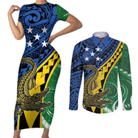 Personalised Crocodile and Shark Solomon Islands Couples Matching Short Sleeve Bodycon Dress and Long Sleeve Button Shirt Polynesian Tribal Tattoo LT9 Green - Polynesian Pride