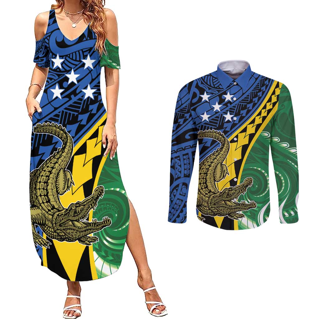 Personalised Crocodile and Shark Solomon Islands Couples Matching Summer Maxi Dress and Long Sleeve Button Shirt Polynesian Tribal Tattoo LT9 Green - Polynesian Pride