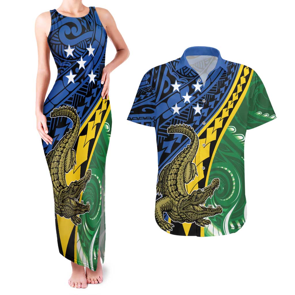 Personalised Crocodile and Shark Solomon Islands Couples Matching Tank Maxi Dress and Hawaiian Shirt Polynesian Tribal Tattoo LT9 Green - Polynesian Pride