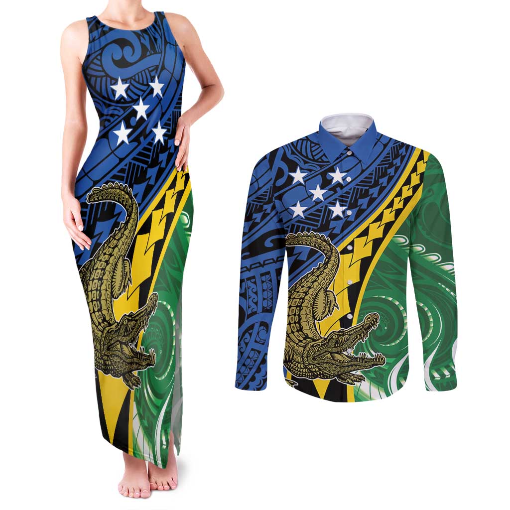 Personalised Crocodile and Shark Solomon Islands Couples Matching Tank Maxi Dress and Long Sleeve Button Shirt Polynesian Tribal Tattoo LT9 Green - Polynesian Pride