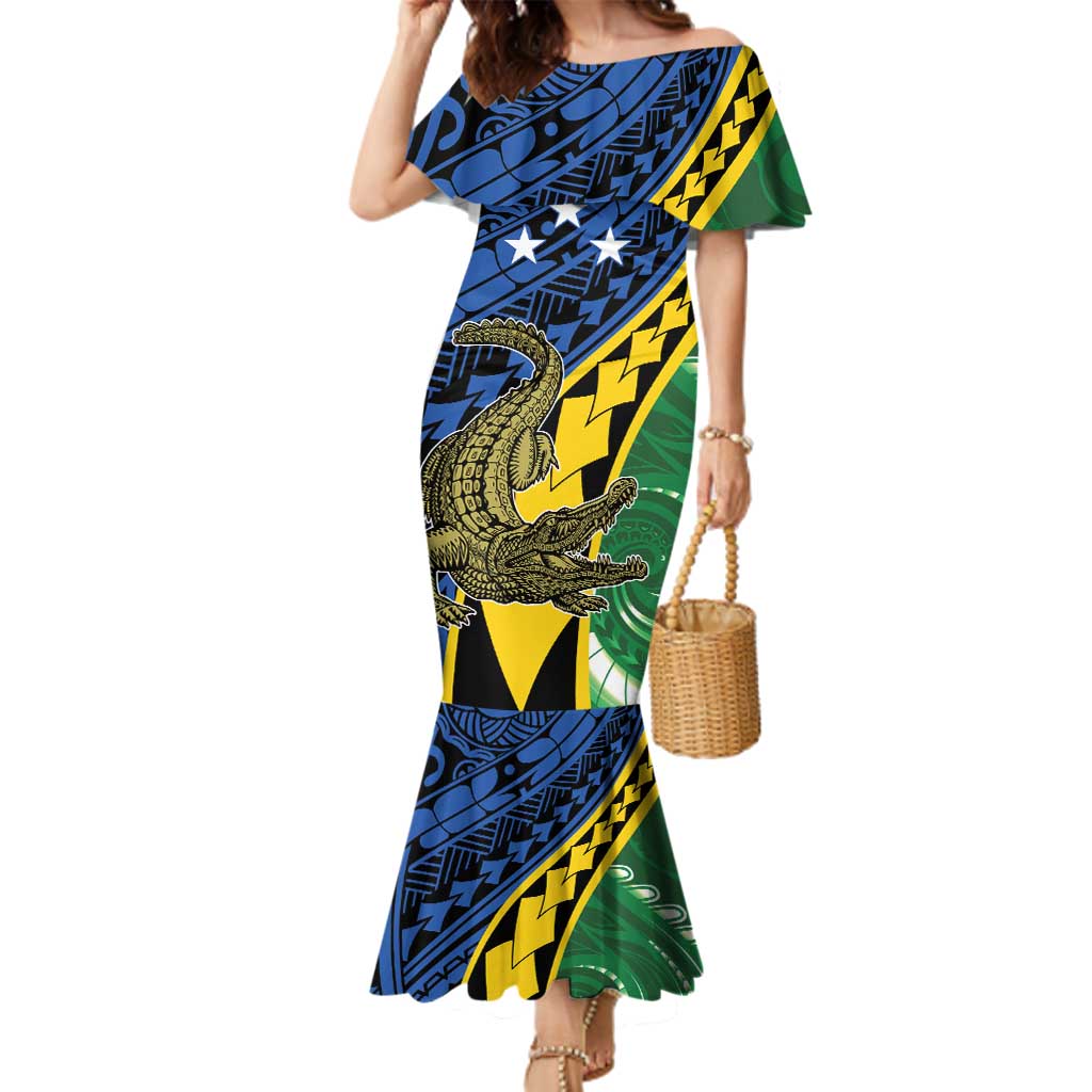 Personalised Crocodile and Shark Solomon Islands Family Matching Mermaid Dress and Hawaiian Shirt Polynesian Tribal Tattoo LT9 Mom's Dress Green - Polynesian Pride