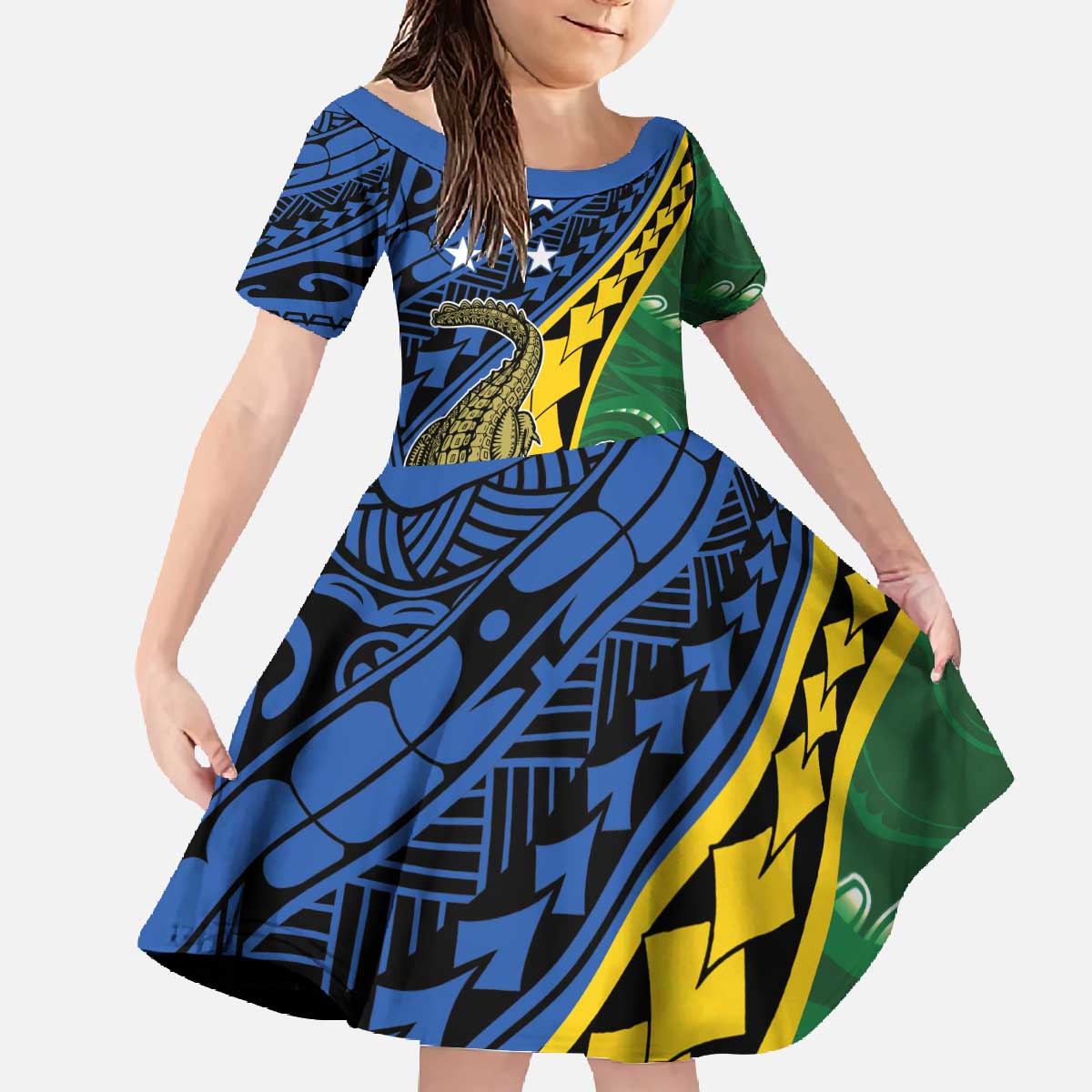 Personalised Crocodile and Shark Solomon Islands Family Matching Off The Shoulder Long Sleeve Dress and Hawaiian Shirt Polynesian Tribal Tattoo LT9 Daughter's Dress Green - Polynesian Pride