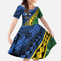 Personalised Crocodile and Shark Solomon Islands Family Matching Off The Shoulder Long Sleeve Dress and Hawaiian Shirt Polynesian Tribal Tattoo LT9 Daughter's Dress Green - Polynesian Pride
