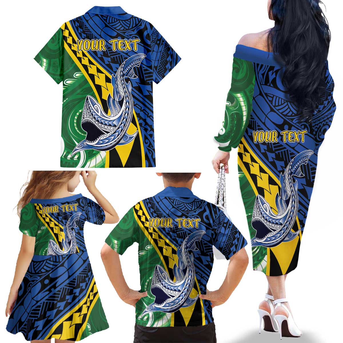 Personalised Crocodile and Shark Solomon Islands Family Matching Off The Shoulder Long Sleeve Dress and Hawaiian Shirt Polynesian Tribal Tattoo LT9 - Polynesian Pride