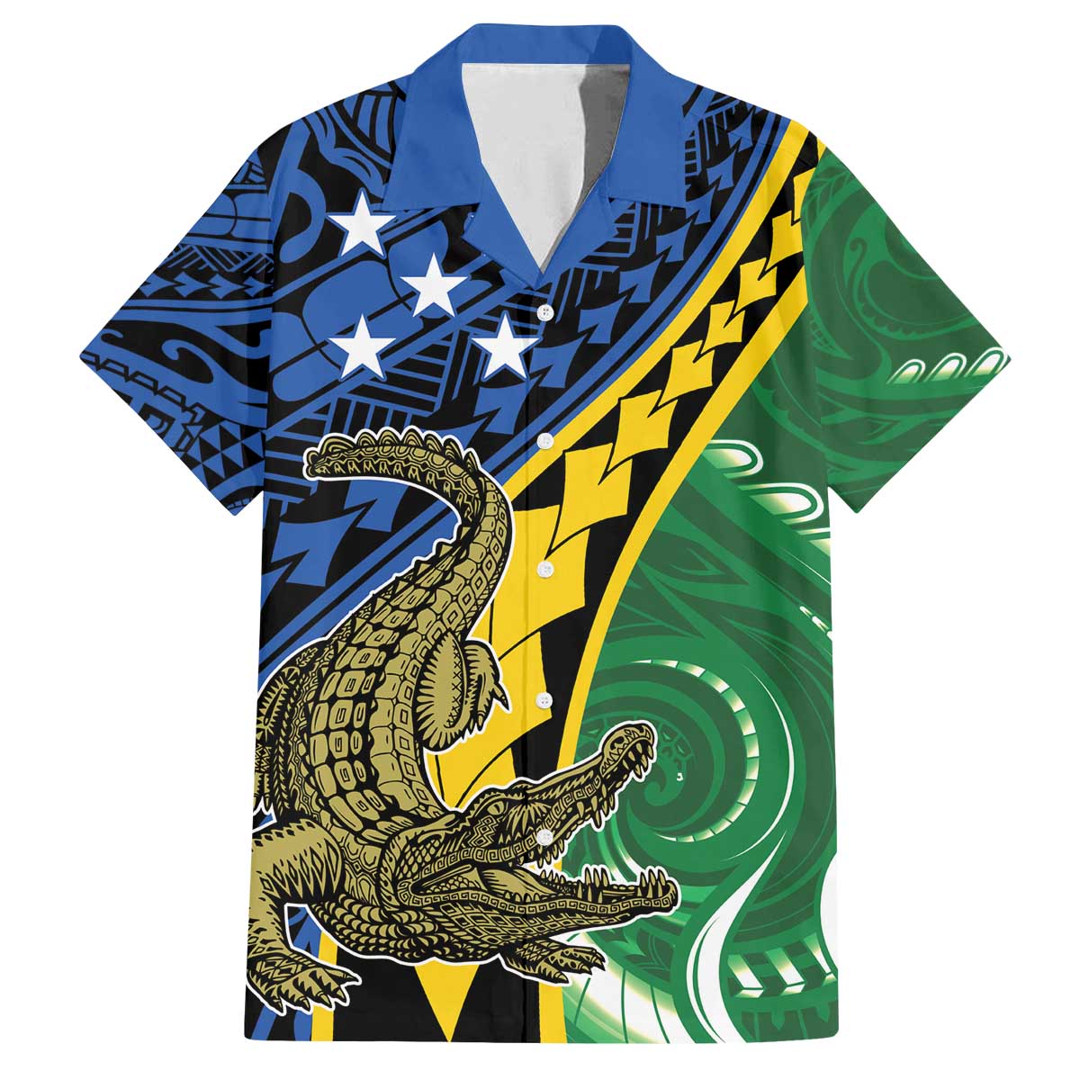 Personalised Crocodile and Shark Solomon Islands Family Matching Off The Shoulder Long Sleeve Dress and Hawaiian Shirt Polynesian Tribal Tattoo LT9 Dad's Shirt - Short Sleeve Green - Polynesian Pride