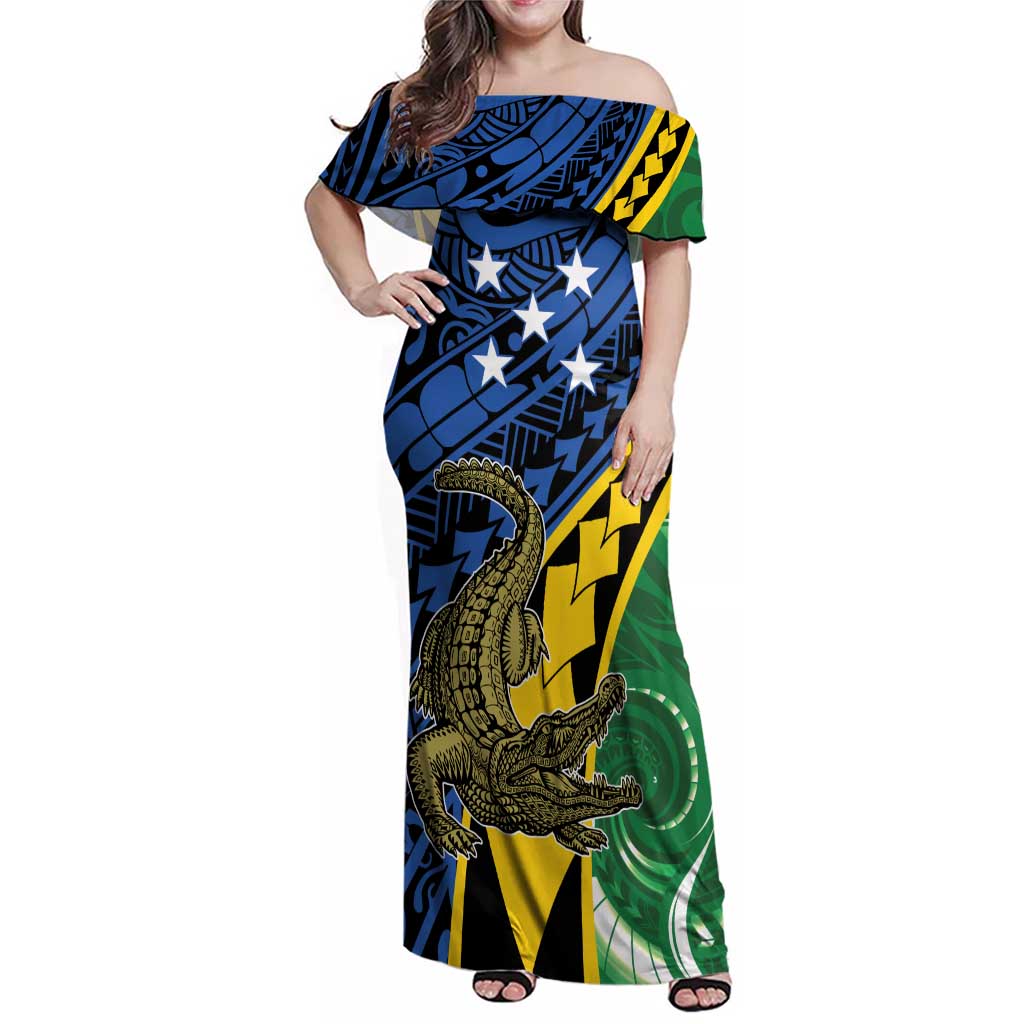 Personalised Crocodile and Shark Solomon Islands Family Matching Off Shoulder Maxi Dress and Hawaiian Shirt Polynesian Tribal Tattoo LT9 Mom's Dress Green - Polynesian Pride
