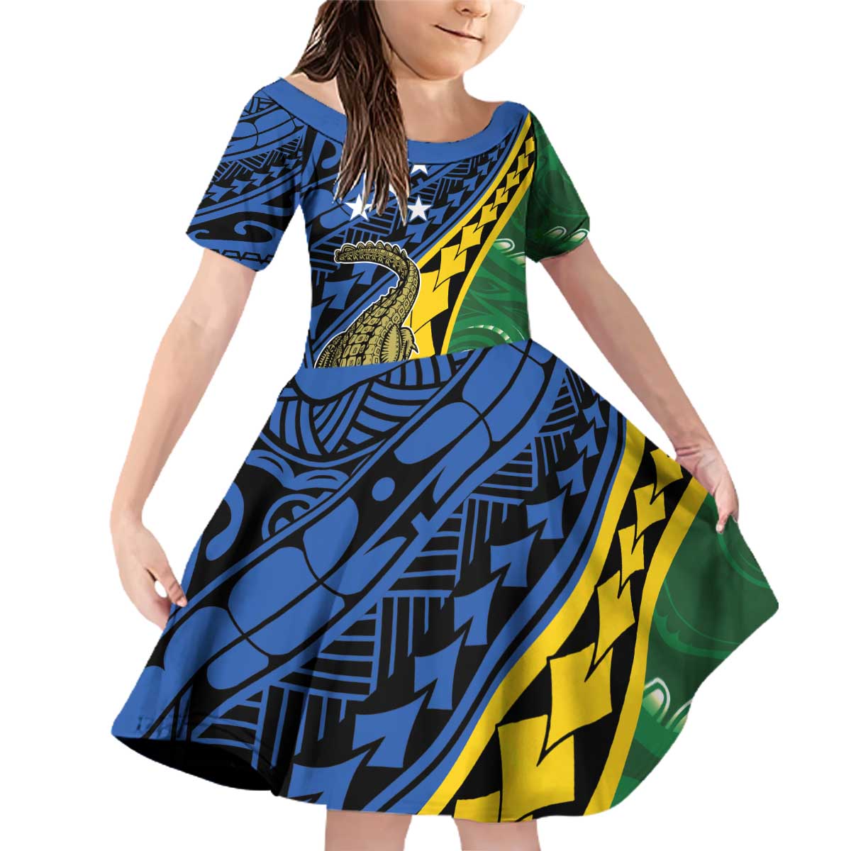 Personalised Crocodile and Shark Solomon Islands Family Matching Off Shoulder Short Dress and Hawaiian Shirt Polynesian Tribal Tattoo LT9 Daughter's Dress Green - Polynesian Pride